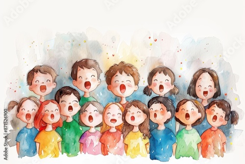 Watercolor illustration of children singing in a colorful choir. Joyful kids in vibrant outfits expressing harmony and unity in music.