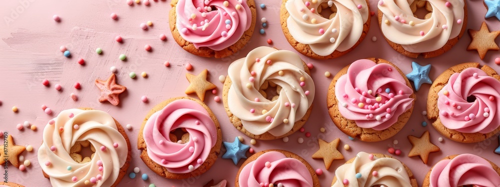 Pink donuts, frosted with sprinkles and stars, against a pink backdrop filled with confetti and more sprinkles Pink donuts, frosted with sprinkles and stars, against a pink backdrop filled with confetti and more sprinkles