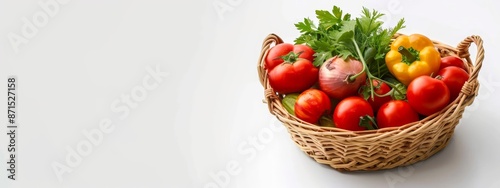  A wicker basket overflowing with various colored tomatoes and green parsley atop a pristine white backdrop