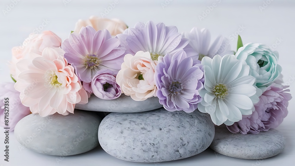 Elegant pastel colored flowers on grey stone background Elegant pastel colored flowers on grey stone background