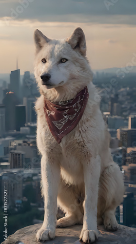 a sitting on a ledge overlooking a city with a red bandanna photo