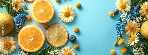  An arrangement of oranges, blueberries, and daisies on a blue background with daisies only photo