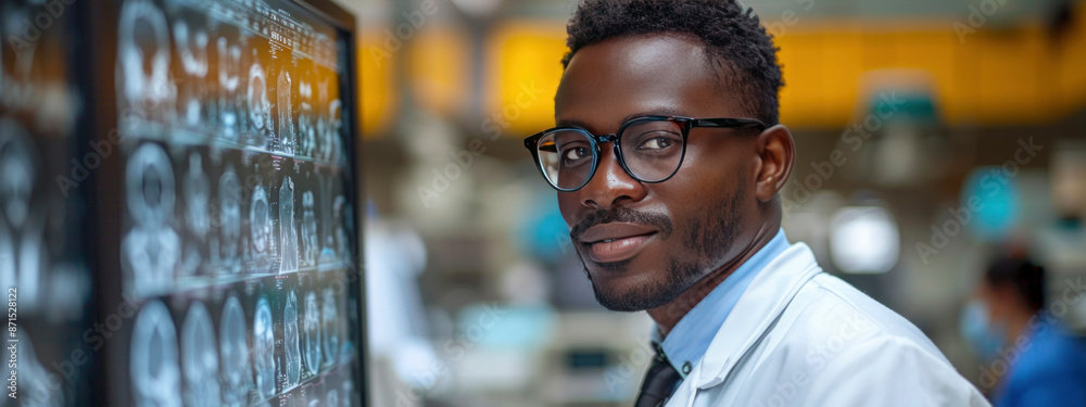 black, African American doctor in white medical coat with X-ray images of organs on blurred background. Scenes in the hospital concept. banner black, African American doctor in white medical coat with X-ray images of organs on blurred background. Scenes in the hospital concept. banner