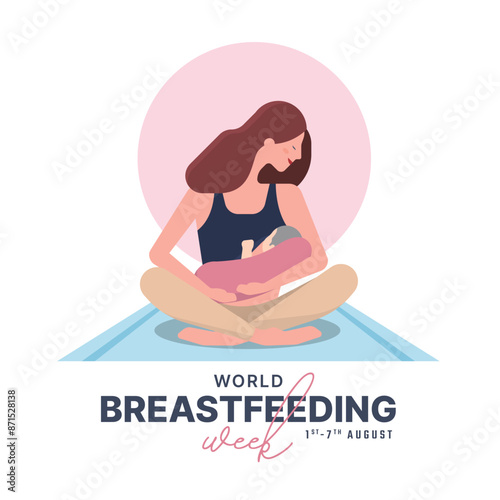 World Breastfeeding Week (WBW) banner - Mom siting and breastfeeding baby on mat and pink circle backdrop vector design