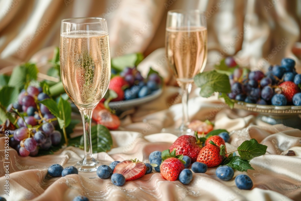 Two wine glasses filled with champagne are on a table with a bunch of grapes Two wine glasses filled with champagne are on a table with a bunch of grapes