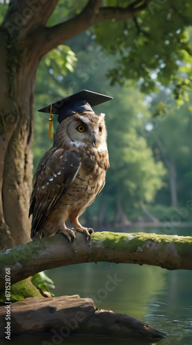 a owl sitting on a branch with a graduation cap on it