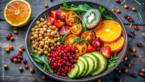 Vegan, detox Buddha bowl with turmeric roasted chickpeas, greens, avocado, persimmon, blood orange, nuts and pomegranate. Top view, flat lay, copy space