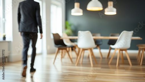 A man walks into a room with a large wooden table and several chairs by AI generated image