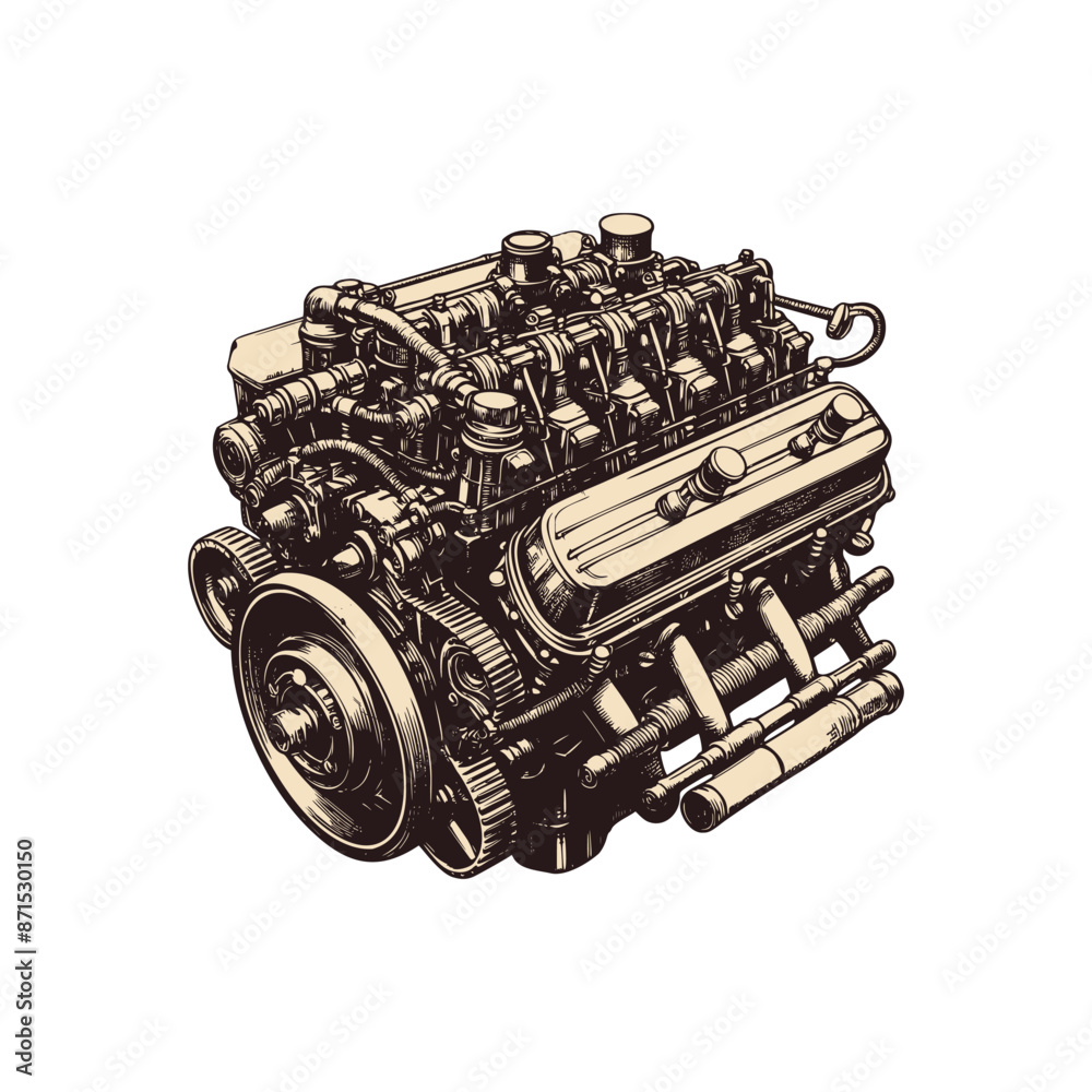 Obraz premium Vintage engine drawing illustration, hand drawn illustration of engine