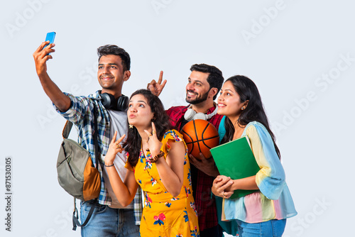 Photography Indian asian young college students using smartphone for video or selfie photogr