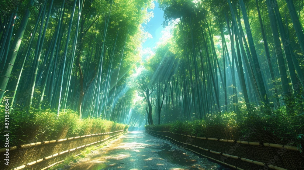 Obraz premium Peaceful scene of a sunlit Japanese bamboo forest