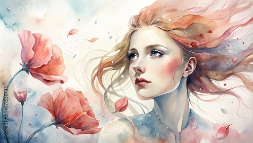 Craft a watercolor portrait capturing the delicate beauty of poppy petals fluttering in the spring breeze. photo