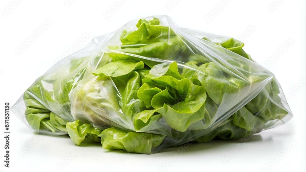 A sealed plastic bag of lettuce on a white background A sealed plastic bag of lettuce on a white background