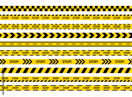 Yellow black tape. Stop ribbons. Warning barrier tapes for danger places. Set of caution crime scene bands. Seamless striped boundary lines. Do not cross police road sign. Vector illustration.