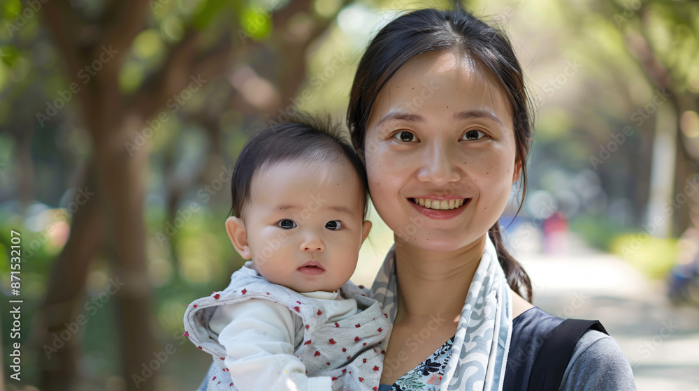 Authentic Chinese Nanny Bonding with Baby in Park - Realistic Lifestyle Portrait of Joyful Caregiver with Infant Outdoors Authentic Chinese Nanny Bonding with Baby in Park - Realistic Lifestyle Portrait of Joyful Caregiver with Infant Outdoors