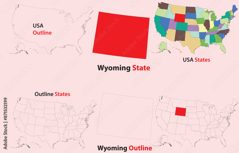 Wyoming map vector of usa, Wyoming line map, Wyoming with city map, Wyoming outline map Stock