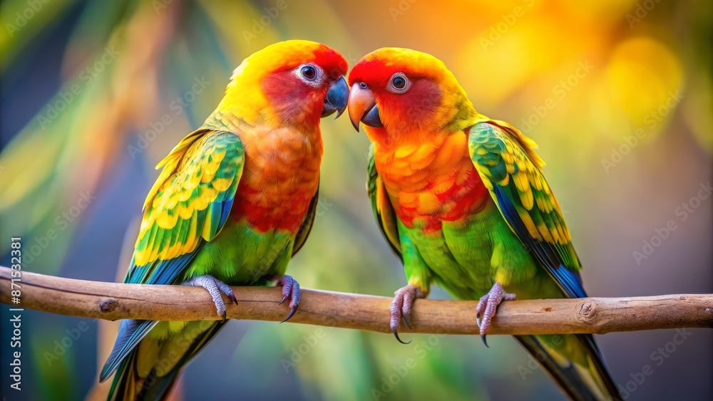 Obraz premium Adorable colorful parakeets perch on a branch, beak to beak, feathers fluffed, gazing lovingly into each other's eyes in tender intimacy.