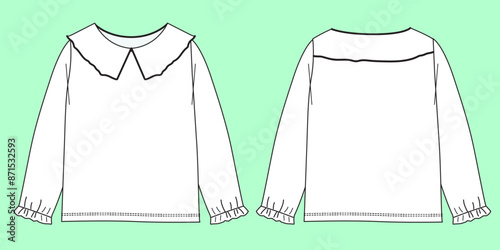 Girls long sleeve and Peter Pan collar t-shirt fashion flat sketch vector.  