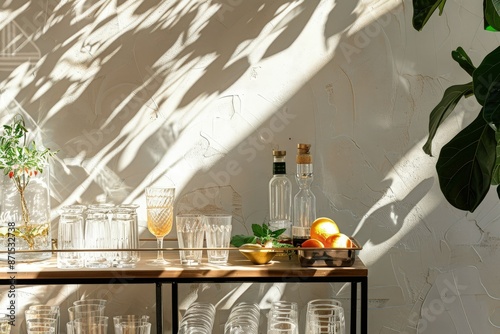 a wooden table topped with lots of glasses photo