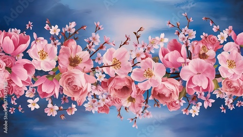 Beautiful pink spring flowers on blue background