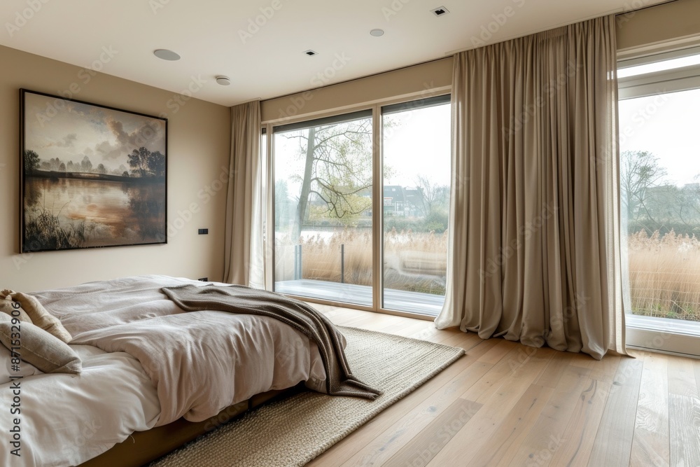 Luxury bedroom with a large window overlooking the countryside. Nobody inside