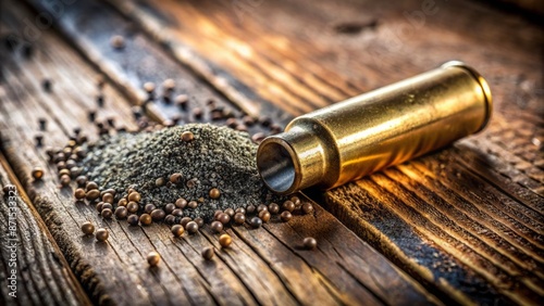 A weathered wooden backdrop showcases a cartridge, its brass case, and scattered gunpowder grains in a soft, warm, and intimate close-up.
