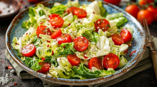 French cuisine. Savoy cabbage salad with cherry tomatoes. 