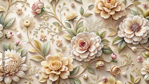 Obraz na płótnie Elegant ornate floral pattern 3D wallpaper for luxurious classic home interior decoration featuring stylized blooming flowers on soft cream backdrop. w salonie