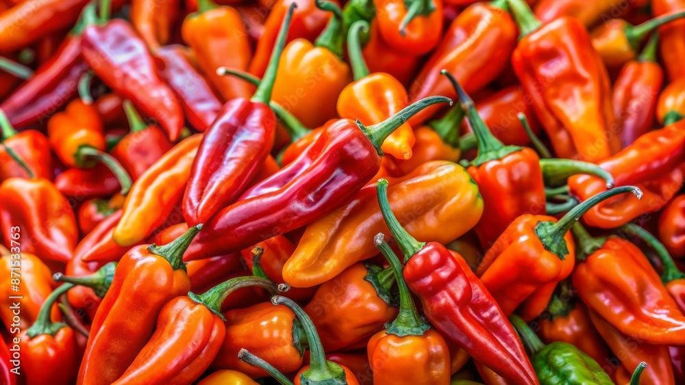 Vibrant orange-red hot chili peppers stacked in a crisscross pattern on a rustic wooden table, with subtle shadows and highlights. Vibrant orange-red hot chili peppers stacked in a crisscross pattern on a rustic wooden table, with subtle shadows and highlights.
