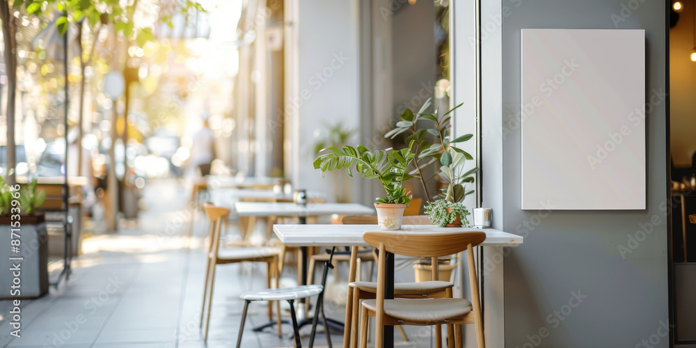 Fototapeta premium A restaurant with tables and chairs outside by AI generated image
