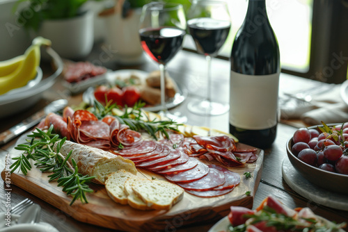 A table with a variety of meats, cheeses, and fruits, including grapes, tomatoes