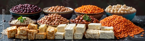 A photorealistic image of a variety of plantbased protein sources, such as lentils, beans, tofu, and tempeh