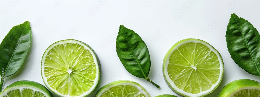 A white surface holds a collection of halved limes, garnished with their surrounding emerald-hued leaves against a gentle light green backdrop A white surface holds a collection of halved limes, garnished with their surrounding emerald-hued leaves against a gentle light green backdrop