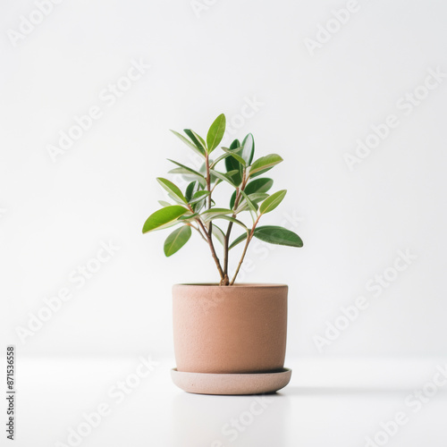 Small green plant growing in pot on white background with copy space © mindstorm
