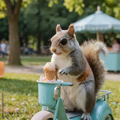 squirrel sitting on a scooter eating an ice cream cone photo