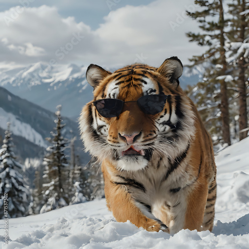 a tiger walking in the snow with sunglasses on photo