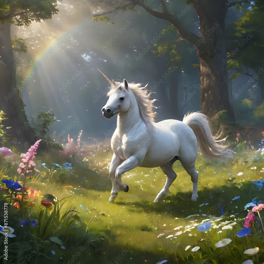 a white horse running through a field of flowers a white horse running through a field of flowers