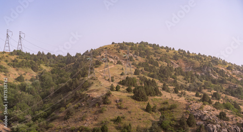 A mountain with a few trees and a power line photo