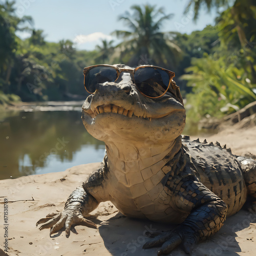 a statue of a crocodile with sunglasses on it photo