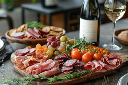 A table with a variety of meats, cheeses, and fruits, including grapes, tomatoes