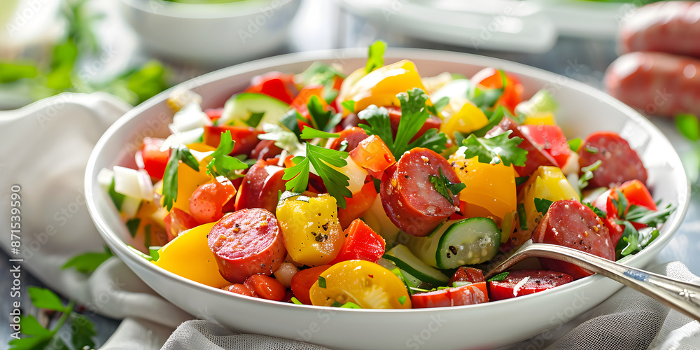 A bowl of salad with sausage, tomatoes, and spinach, served on a wooden table. A bowl of salad with sausage, tomatoes, and spinach, served on a wooden table.