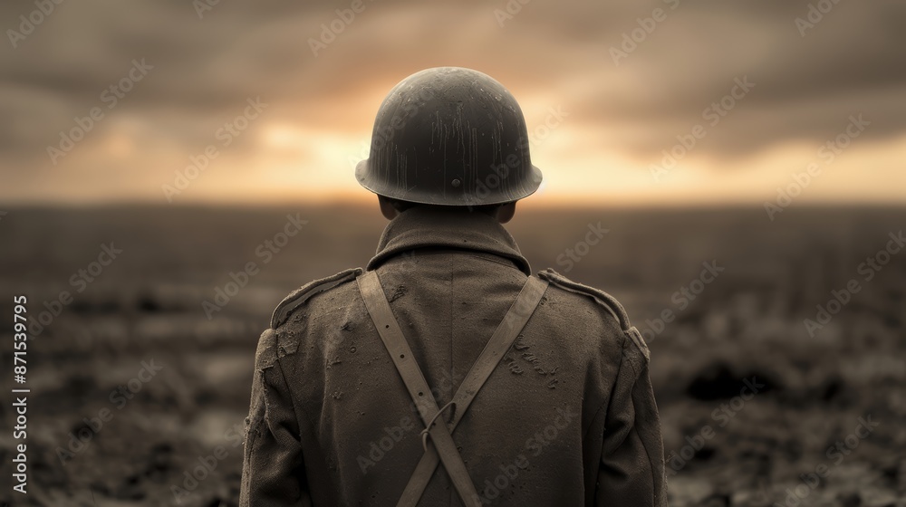 Soldier standing alone on a desolate battlefield, remnants of war scattered around, full rear view, digital art style, historical reenactment, dramatic sky, worn uniform Soldier standing alone on a desolate battlefield, remnants of war scattered around, full rear view, digital art style, historical reenactment, dramatic sky, worn uniform