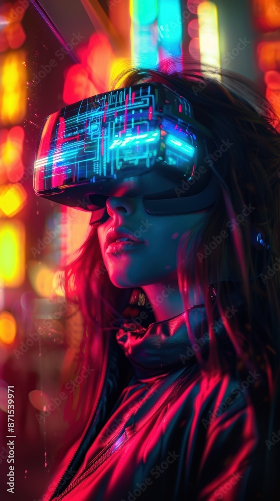 Fototapeta premium Futuristic scene of a person with VR headset exploring a neon-lit urban environment, highlighting technology and immersion.