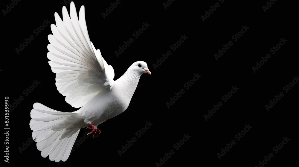 Fototapeta premium White dove flying isolated on black background, clipping path, freedom on international day of peace concept