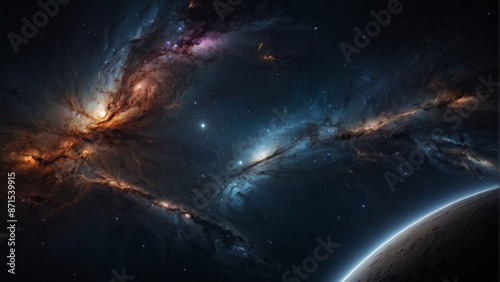 Space Industry - Deep, dark backgrounds with bright spots and rays of light, inspired by the starry sky