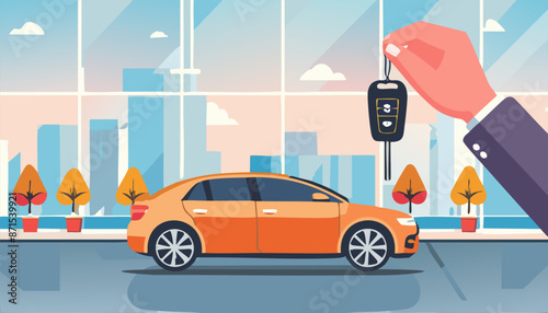 business man hold car key against modern showroom.  Automobile dealership store.  Vector illustration  
