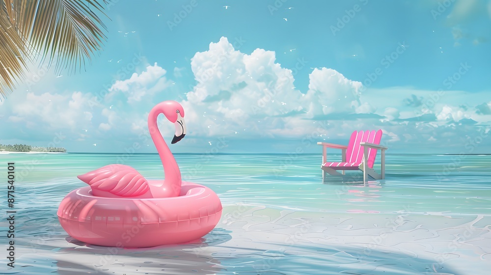 Summer flamingo float and sunchair at beach. Summer flamingo float and sunchair at beach.