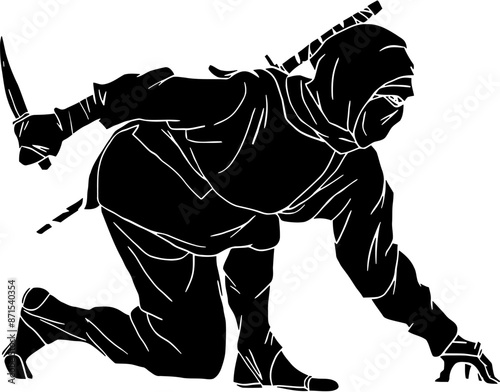 Ninjutsu fighter. Ninja, Japanese wrestler. Japan martial art. Asian warrior in mask, wrestling pose, stance, defending position, posture. vector illustration isolated on white background