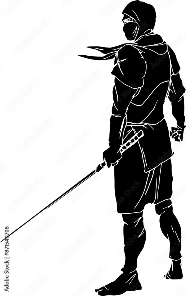 Ninjutsu fighter. Ninja, Japanese wrestler. Japan martial art. Asian warrior in mask, wrestling pose, stance, defending position, posture. vector illustration isolated on white background Ninjutsu fighter. Ninja, Japanese wrestler. Japan martial art. Asian warrior in mask, wrestling pose, stance, defending position, posture. vector illustration isolated on white background