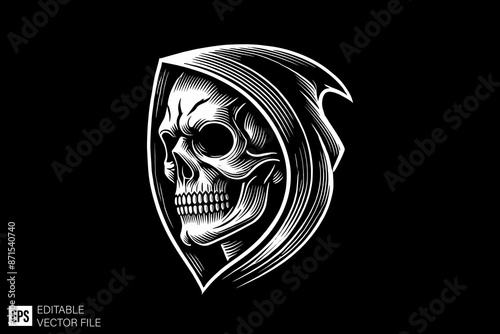 Grim reaper head illustration black and white vector design